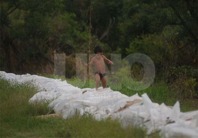 Defensa. Un niño cerca de las bolsas de arena en Colastiné Sur / Foto: Juan Manuel Baialardo - Uno Santa Fe