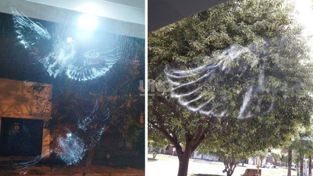 Las imágenes que se viralizaron: a la izquierda la que apareció en la vidriera de un comercio en San Justo