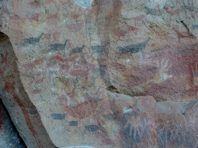 Huellas. Las manos sobresalen como figuras predominantes entre las imágenes que se pueden apreciar sobre la piedra.