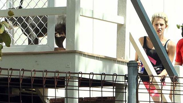 Jenna Driscoll arriba a su casa en Brisbane. Allí puede verse el pitbull.