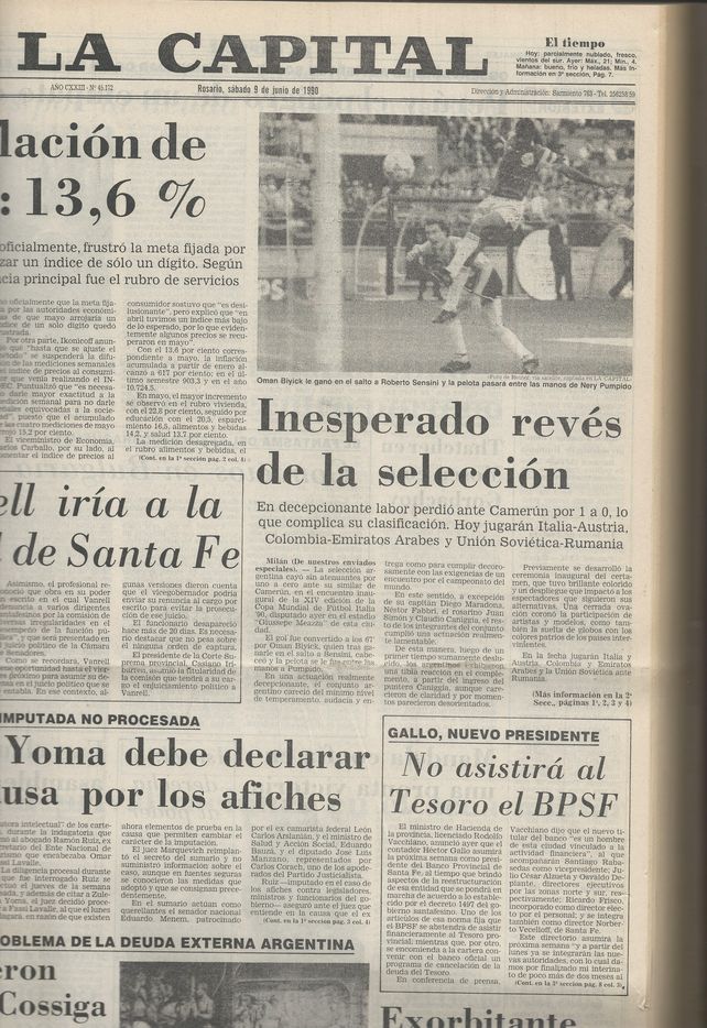 La Capital reflejó en sus páginas la derrota con Camerún por 1 a 0 en el Mundial de Italia.