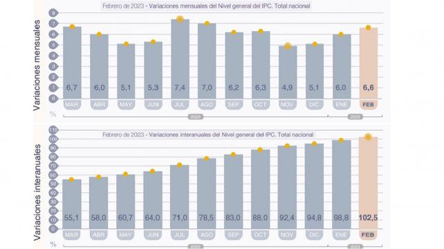 La inflación fue de 6,6% en febrero y llegó a 102,5% anual