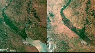 La cuenca del río Paraná en enero 2022 versus enero 2023 visto por el satélite Sentinel3, permite dimensionar la gravedad de la sequía que afecta a la región (Copernicus)