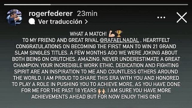 Roger Federer felicitó a Rafa Nadal por su Grand Slam N° 21