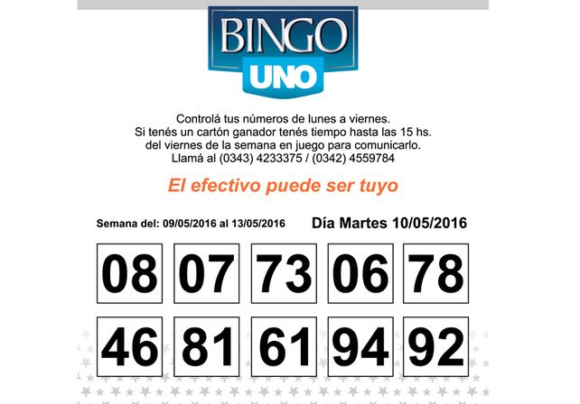 Números del BINGO UNO de la semana del 9 al 13 de Mayo