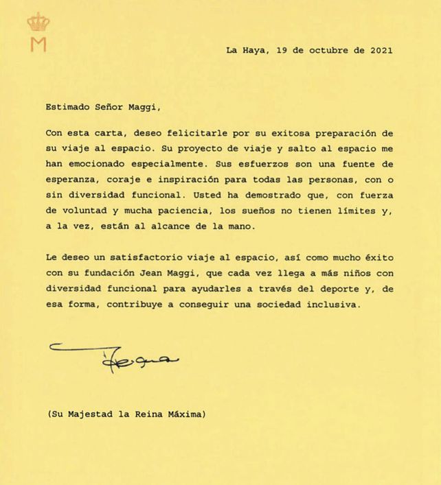 La carta que le envió a Maggi la reina Máxima de Holanda.