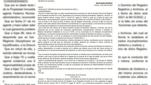 El Gobierno dio de baja a Federico Limongi como Jefe de Dominios del Registro de la Propiedad Inmueble de La Paz.
