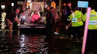 Personas y mascotas son rescatadas este viernes en Crystal River, ciudad del condado de Citrus en el estado de Florida, tras el paso del huracán Helene.&nbsp;