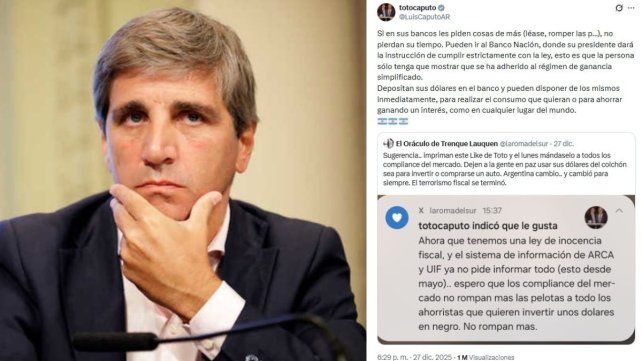 Luis Caputo salió a pedir que quienes se amparen en la ley de Inocencia fiscal acudan al Banco Nación para depositar los dólares.
