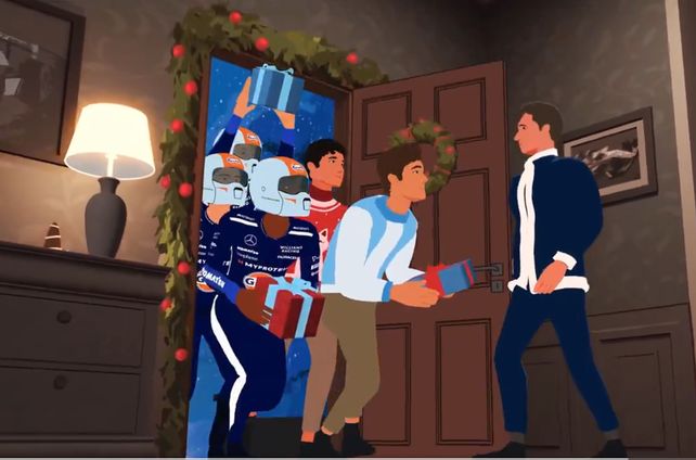 El gráfico navideño del equipo Williams, con Franco Colapito entrando primero a la casa de James Volwes.
