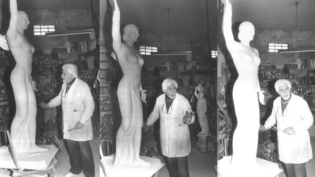 El escultor Paco Pelló trabaja sobre la escultura de Eva Perón que será instalada en avenida del Rosario y Lituania.