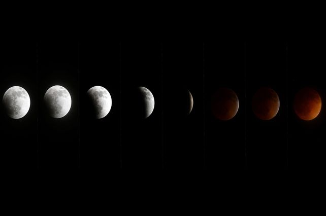 Las fases del eclipse: la Tierra genera sombra sobre el satélite y al cubrirlo totalmente se produce la luna roja. La atmósfera terrestre filtra todos los rayos de luz