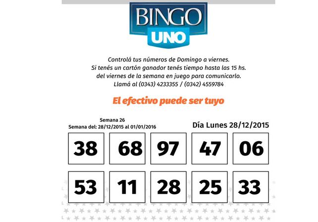 Números del BINGO UNO de la semana del 28 de diciembre al 1 de enero