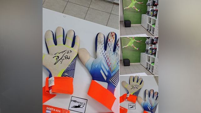 Los guantes del Dibu Martínez en el local HB sport.&nbsp;