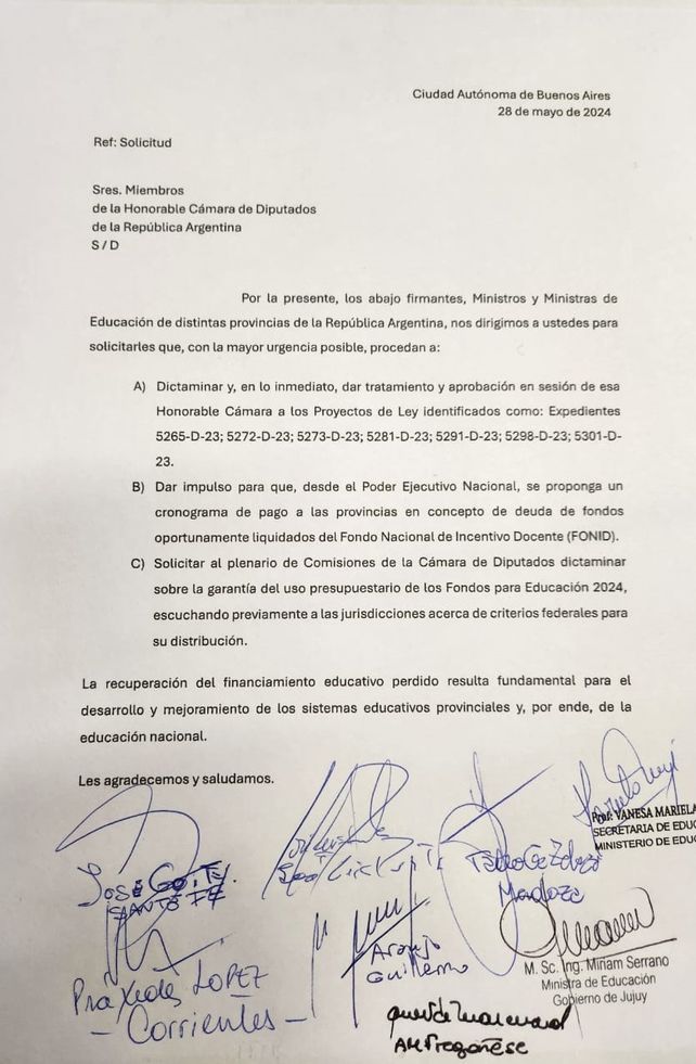 Con la firma de José Goity, los ministros de Educación piden por la vuelta del incentivo docente