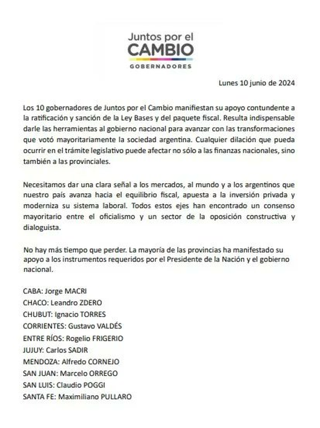 El comunicado que se difundió con la firma de los gobernadores pero sin su aval. 