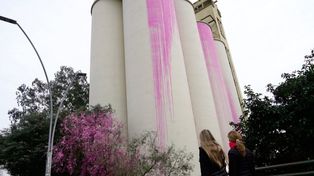 El trabajo de pintura del nuevo diseño del Macro se vio afectado por los vientos y derramó pintura sobre las cercanías de los Silos Davis