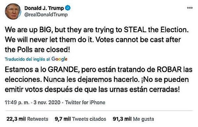 Trump acusó de fraude en Twitter y la red señaló como engañoso el tuit