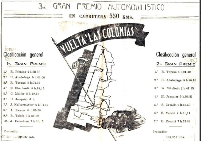 Una carrera de automóviles conocida como La vuelta a Las Colonias volverá luego de 75 años
