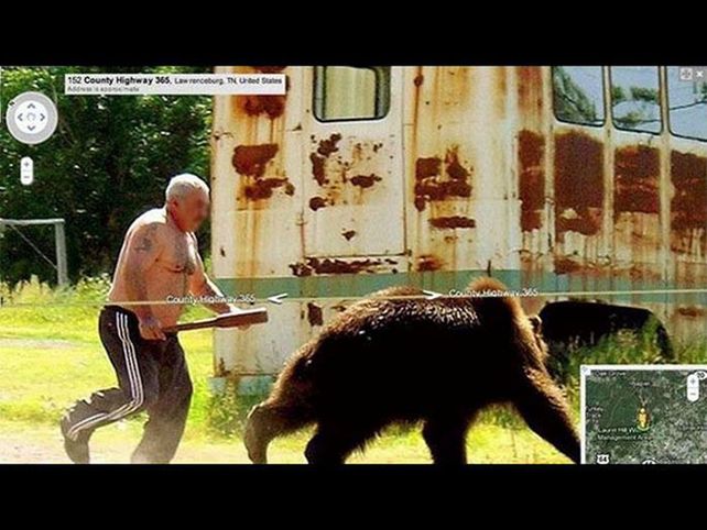 Un hombre persiguiendo a un oso.