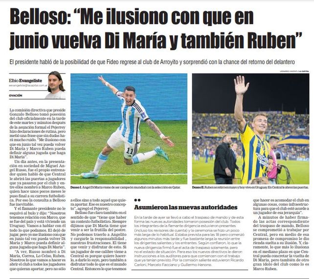 Ovación reflejó las declaraciones de Belloso, cuando dijo que soñaba con ver juntos a Marco Ruben y Angel Di María.