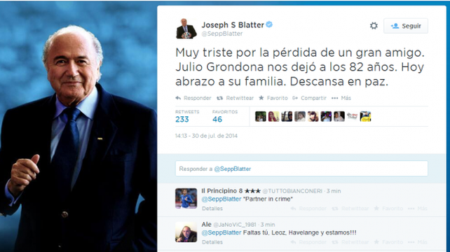 Blatter: Muy triste por la pérdida de un gran amigo