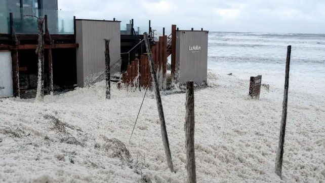 Una de las playas de la Costa Atlántica que amaneció bajo un manto de espuma marina este sábado.