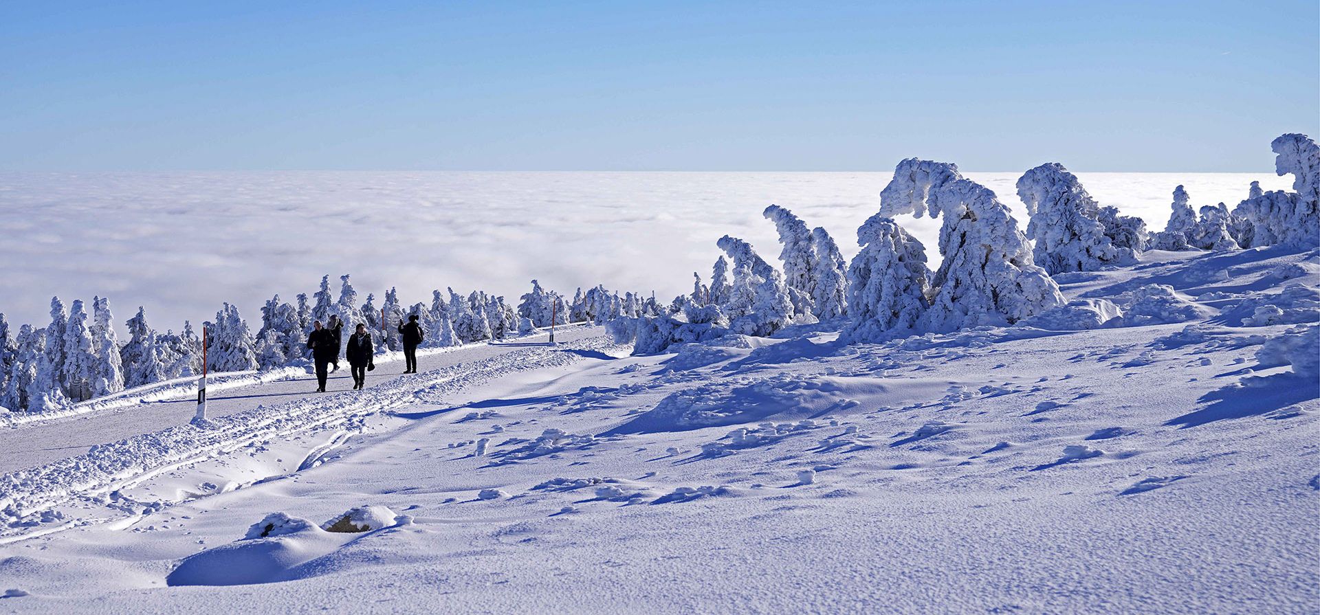 La gente llega al Brocken cubierto de nieve de 1.142 metros de altura en las montañas Harz cerca de Schierke, Alemania, el martes 24 de enero de 2023. (Foto AP/Matthias Schrader)