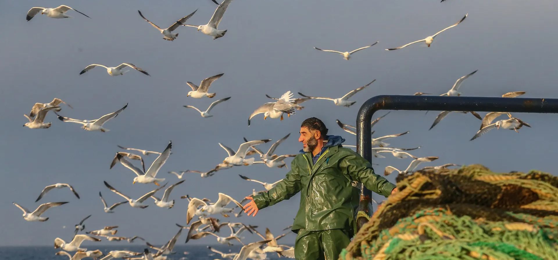 Gaviotas rodean a un pescador en la costa del Egeo, Zmir, Turquía. Fotografía: Halil Fidan/Anadolu Agency/Getty Images