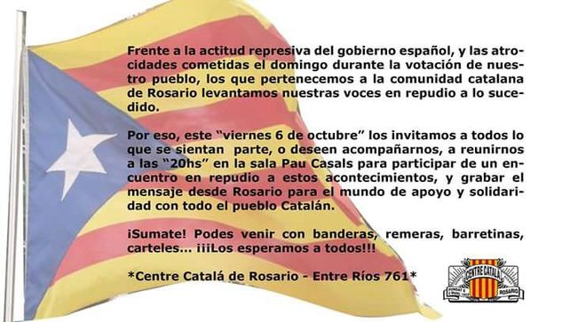 El Centro Catalán de Rosario convoca un encuentro para dar su mensaje al mundo